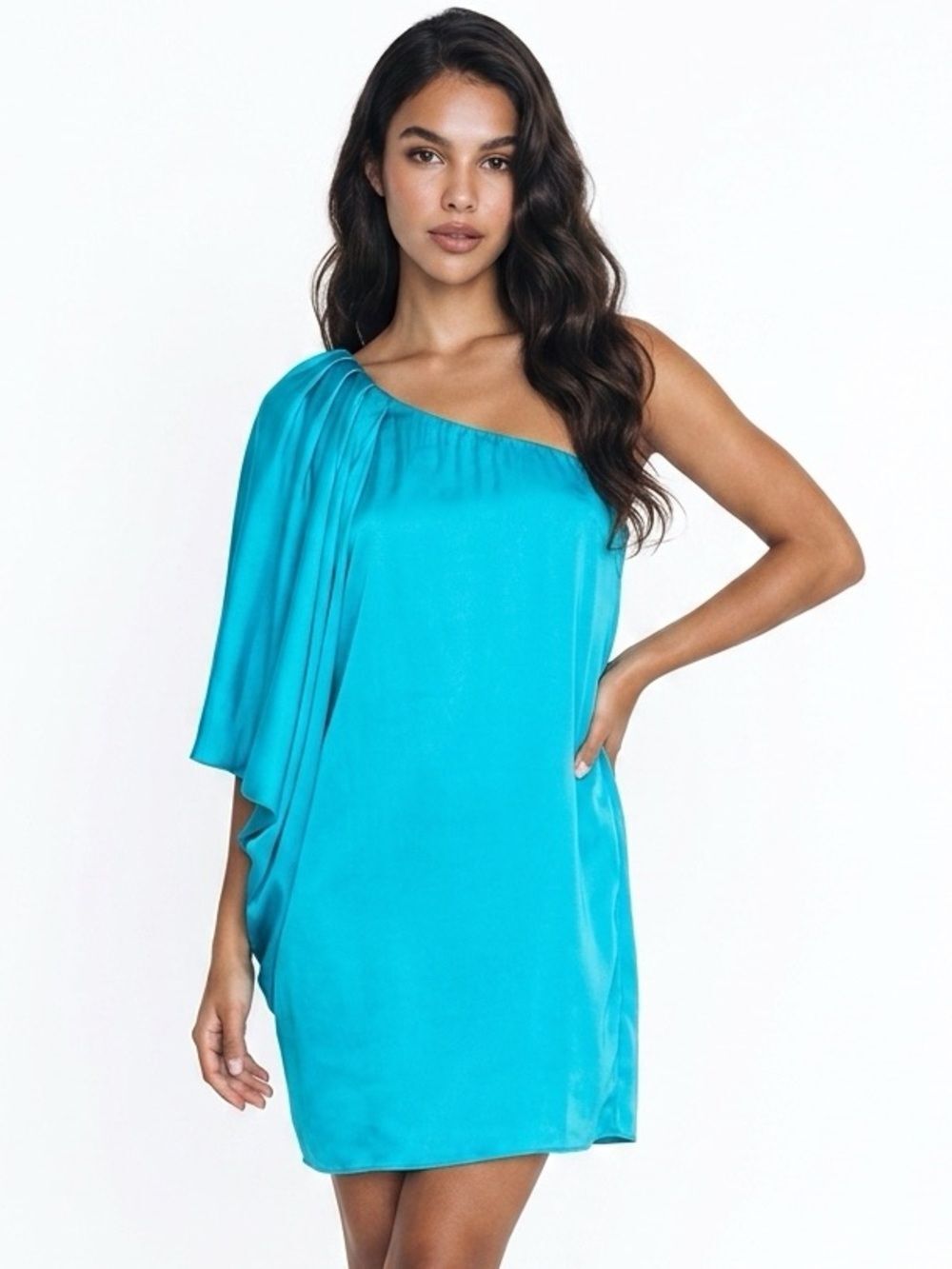 CACHE | Turquoise One Shoulder Draped Mini Dress Women’s Size 2